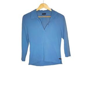 Bright Blue 1970s-Inspired Preppy Polo-Style Shirt with 3/4 Length Sleeves